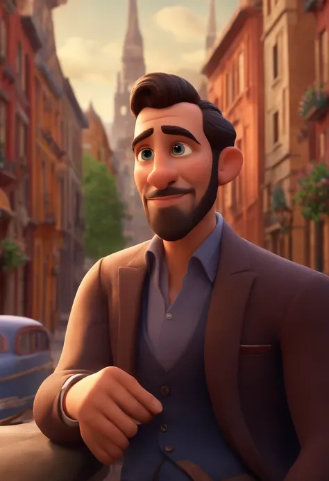 A city councilman looking at a dream project inspired by Pixar animation, de perto. The character takes center stage with captivating facial expressions, oferecendo um toque de irrealidade