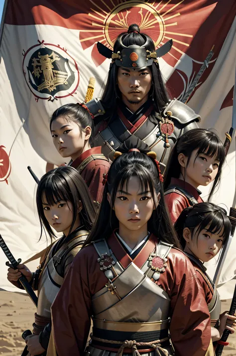 A group of samurai warriors, clad in traditional armor and wielding katana swords, standing in front of a rising sun flag, ready to defend their country as part of the Japanese military.