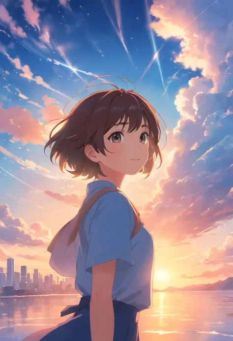 masterpiece, best quality, movie still, 1girl, cloud girl, floating in the sky, close-up, bright, happy, warm soft lighting, sunset, (sparks:0.7)