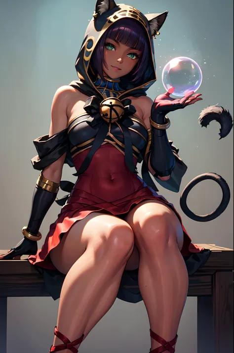 Masterpiece, best quality, absurdres, 1girl, sitting, beautiful legs, menat_holiday, crystal ball, light smile, dark skin, Green eyes, egyptian, bob cut, red dress, black hood, black gloves,shiny thighs,, tail, bell, bare shoulders,thighs,close up