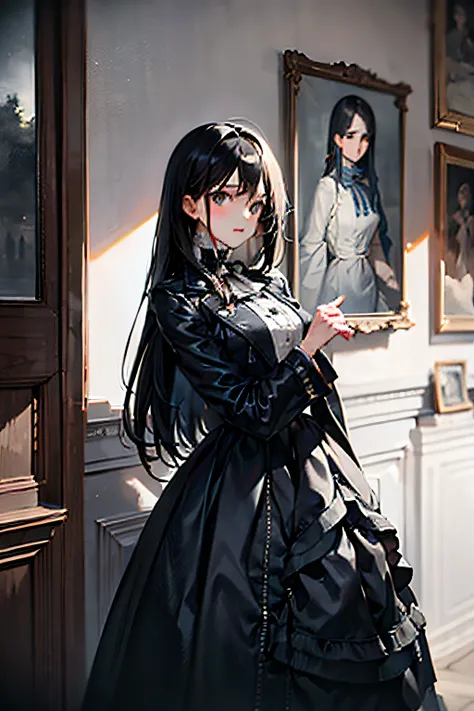 （tmasterpiece，top-quality，best qualityer，offcial art，Beauty and aesthetics：1.2），1girll，Long black straight hair，looking at viewert，black greatcoat，19th century Europe，