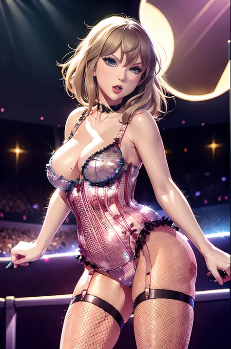 taylor swift, on stage, in front of audience, wearing burlesque outfit, wearing corset, wearing garter straps, wearing fishnet s...