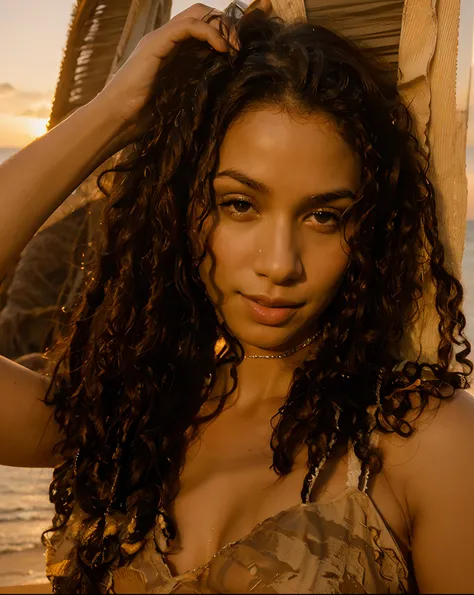 In a bikini on the beach facing the ocean , at sunset in a summer heat in Brazil