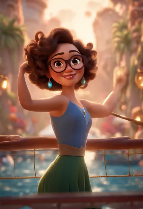 Pixar style image with 3D character white glasses brunette woman short curly hair dancing, Maquiagem Disney,Pescador, bonitinho, sorridente ,Close-up, Pixar, Disney, Cinema lighting,