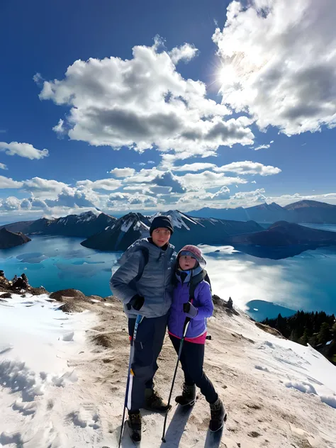 there are two people standing on a mountain with skis, standing on a mountain top, on the top of a mountain, standing on top of a mountain, on top of a mountain, at the top of a mountain, standing close to volcano, standing on mountain, hiking clothes, cra...