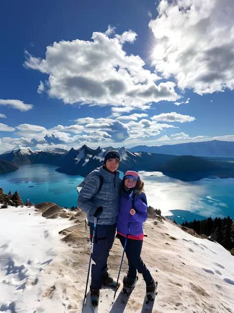 there are two people standing on a mountain with skis, standing on a mountain top, on the top of a mountain, standing on top of a mountain, on top of a mountain, at the top of a mountain, standing close to volcano, standing on mountain, hiking clothes, cra...