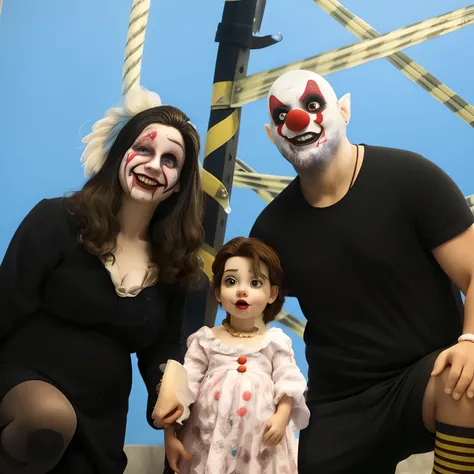 Araffes and a woman and a child are dressed as clowns, creepy themed, wearing accurate clown makeup, inspired by The Family Circus, imagem de perfil, scary clown, goth family, dia das bruxas, halloween celebration, haunted house themed, the clown is far fr...