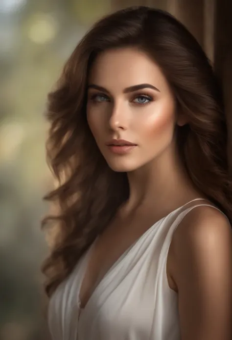 beautiful detailed eyes, long eyelashes,(best quality:1.2),(realistic:1.37),ultra-detailed,medium:portraits,brunette hair,girl,stylish, posing confidently,relaxed atmosphere,soft natural lighting,subtle warm tones,graceful posture,natural makeup,fine art p...