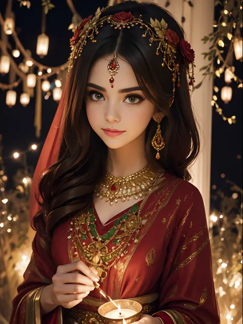 Create a captivating illustration of a stunningly beautiful girl (((selena Gomez:Emma Watson:0.7))) lighting a candle and posing for a photo during the festival of lights. She is dressed in traditional attire ((red aesthetic dress)) adorned with intricate ...