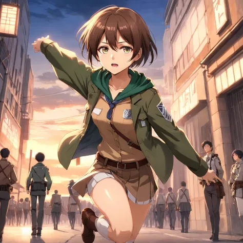 Attack on Titan, Boy with black wair with side parted short hairstyle, hair down, little fringe. And The short boxed beard. Attack on Titan style. Wearing white button up collared shirt, a dark brown waist skirt, fitted white pants, knee-high boots of the ...