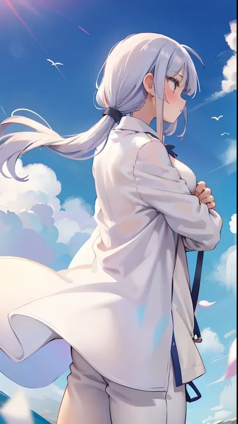 a girl with tied hair long sleeves loose white plain white coat dress，long pants hug your chest