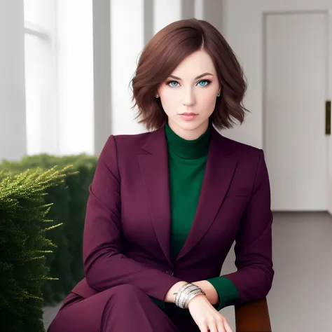 Tall russian woman with short brown hair and green eyes, she wearing wine colored business suit and black high heels. Her hand hold cigar, she starting at you with serious face