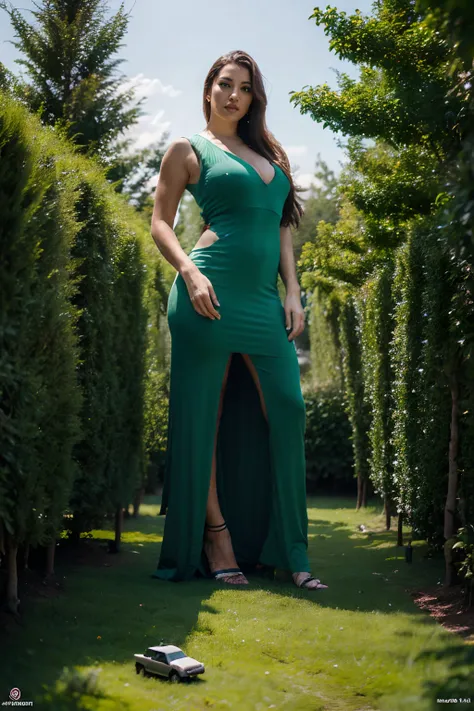 (Picture a colossal woman :1)) (in green fetish dress) standing amidst a forest, her towering figure casting a shadow over the diminutive trees that barely graze her ankles. The majestic forest, filled with lush greenery, seems miniature in comparison to h...