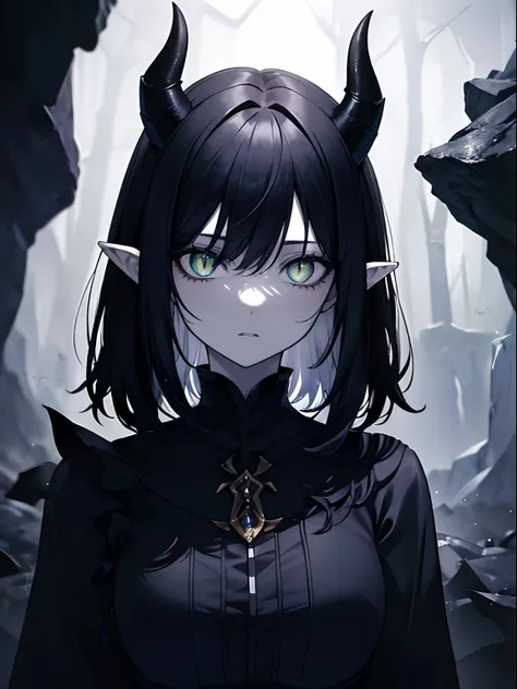 (masterpiece,best quality,ultra-detailed),1girl,dark black hair,dark hair,black hair, shadow hair,short hair,messy hair, glowing eyes,oni horns,pale skin,pointy ears,((grey theme)),in a dark cave,(night),((medium shot)), looking at viewer,