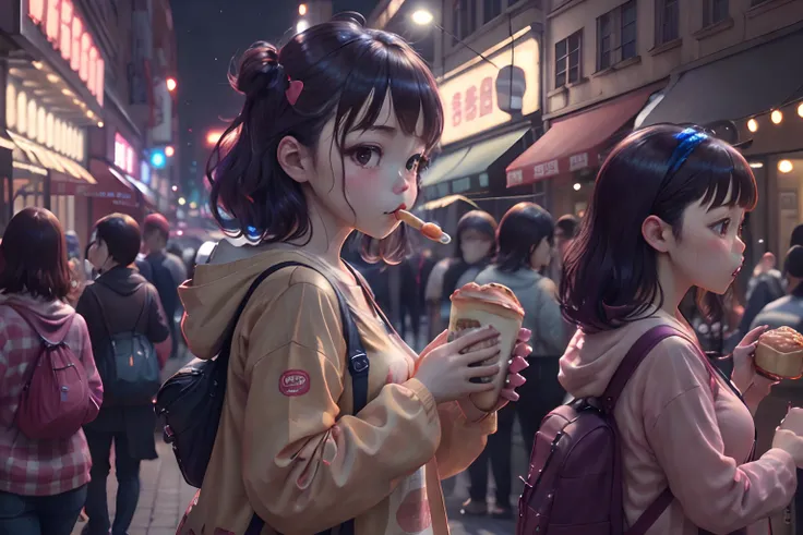 girl eating hamburger、独奏、nighttime scene、bustling street、