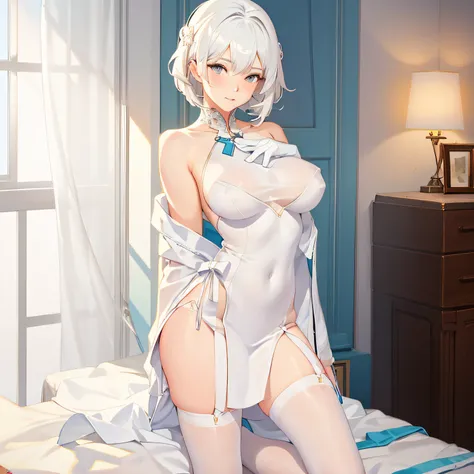 Anime - style image of woman in white dress sitting on bed, loli in dress, white haired god, cushart krenz key art feminine, Seductive Anime Girl, Trending on CGSTATION, guweiz on pixiv artstation, wearing white outfit, Smooth Anime CG Art, guweiz on artst...