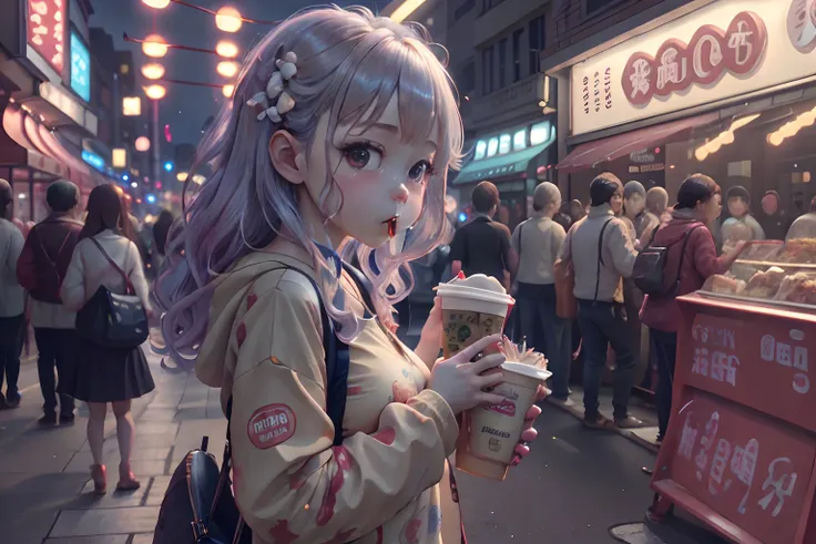 Girl eating hamburger、独奏、nighttime scene、Bustling street、