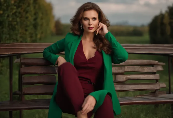 Highly detailed Tall russian woman with short brown hair and green eyes, she wearing wine colored business suit and black high heels. Her hand hold cigar, she starting at you with serious face.