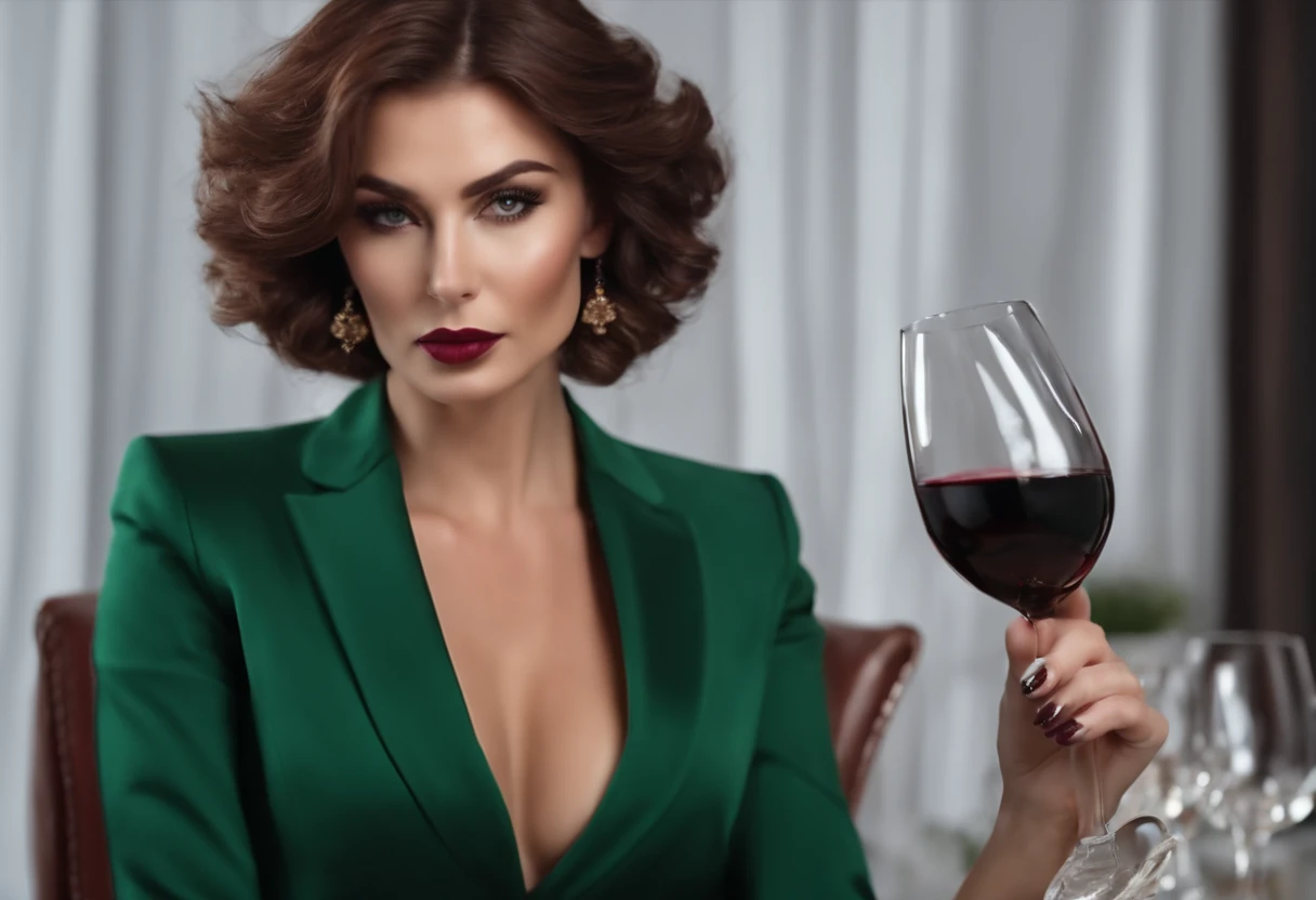 Highly detailed Tall russian woman with short brown hair and green eyes, she wearing wine colored business suit and black high heels. Her hand hold cigar, she starting at you with serious face.