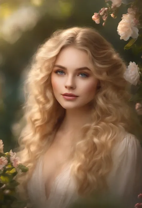 best quality,ultra-detailed,realistic (1.37),vivid colors,portraits,long hair,beautiful detailed eyes,beautiful detailed lips,blonde hair,curly hair,summer garden setting,soft sunlight,blooming flowers,fairy-like atmosphere,peaceful mood,sketch-like effect...