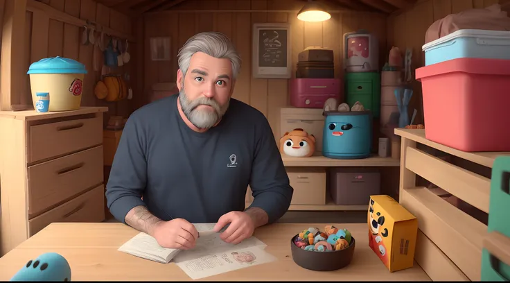 crie uma imagem no modo Pixar Diseny estilo toy storie, Homem com 30 anos de cor pardo com cabelo raspado bem baixo com entradas, usando barba fechada bem baixa, ele esta comnuma caixa na mao e ele trabalha com ecommerce,  This in a shed