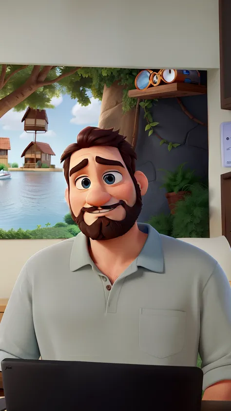 Um homem no estilo pixar com barba e mantendo o mesmo fundo.