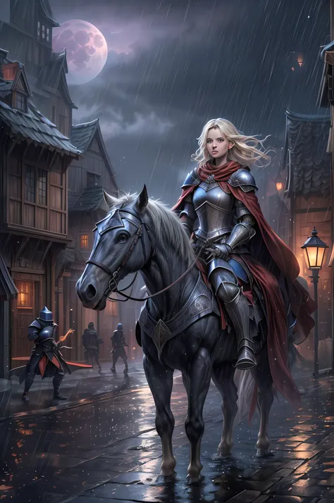 fantasy art, RPG art, high details, best quality, 16k, RAW, [best detailed], masterpiece, best quality, (extremely detailed), (full body: 1.2), ultra wide shot, photorealistic, a (noble woman knight: 1.3) rides his horse in the dark streets of a medieval t...