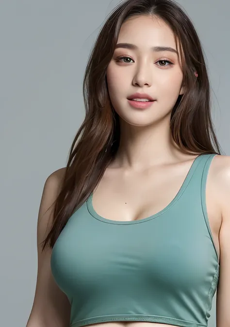 ((Best quality, 8k, Masterpiece :1.3)), 1girl, beautiful woman with emphasis on plump abs: 1.3, full body, (long hair, big breasts: 1.2), oversized tank top: 1.2, ultra-delicate face, delicate eyes, double eyelids, smile, home, random color clothes