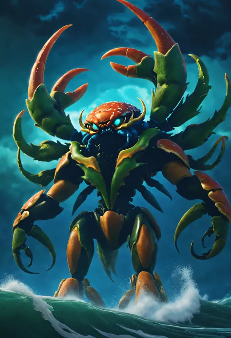 （A giant crab stares fiercely at people begging for help in the sky），（a creature 5 meters tall:1.0），（Huge white eyes are unusually bright：1.37）（The giants thick legs stood on the reef） ，（The shell is dark green）， （Dark blue wide oval abdomen）, （Very hard a...