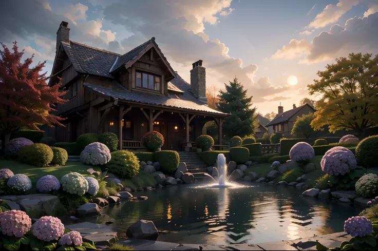 masterpiece, best quality, high quality, extremely detailed CG 8k wallpaper unit, scenery, outdoor, establishment, medieval tavern, autumn sky, autumn dusk, autumn-winter, overcast sky, big moon shining, award-winning photography, Depth of Field, HDR, flow...