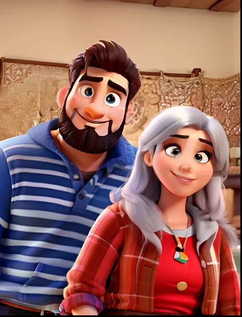 casal homem com barba rala e mulher cabelos loiro sorridente estilo Disney Pixar, alta qualidade, melhor qualidade