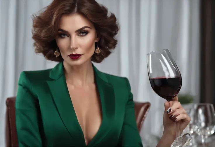 Highly detailed Tall russian woman with short brown hair and green eyes, she wearing wine colored business suit and black high heels. Her hand hold cigar, she starting at you with serious face.