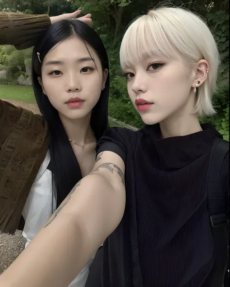 Two women with blonde hair and black tops taking a selfie, ulzzang, con negro, El Corte Hime, Peinado blanco de corte hime, con el pelo corto, Kim Doyoung, con el mismo peinado, con pelo largo blanco, inspirado por Wang Duo, con el pelo largo y blanco, Nix...