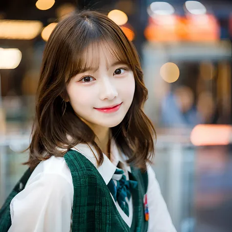 hi-school girl,校服,With short hair, young cute wan asian face, with round face, Coral Brown Hair, japanes,girl with, Gorgeous young Japan woman, she has long orange brown hair, cute - fine - face, tzuyu from twice, she is facing the camera,gently smiling