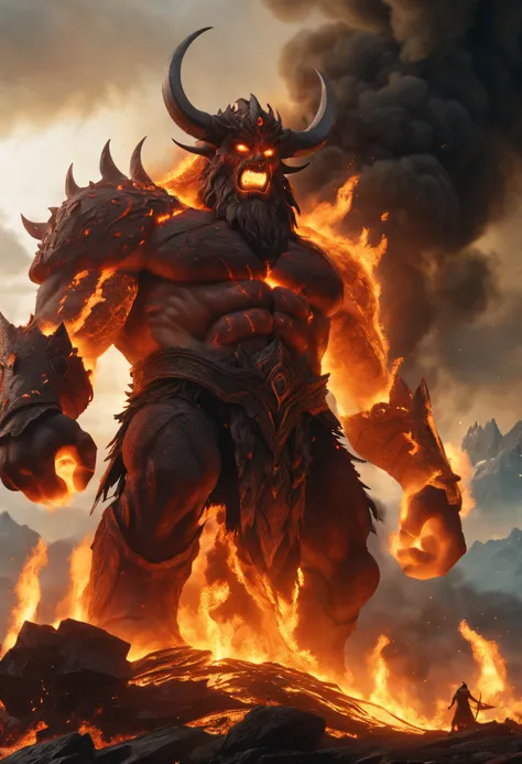 (Best quality, 4K, 8K, A high resolution, Masterpiece:1.2), Ultra-detailed, (Realistic, Photorealistic, photo-realistic:1.37)，Fire Giant Surtr destroys Asgard