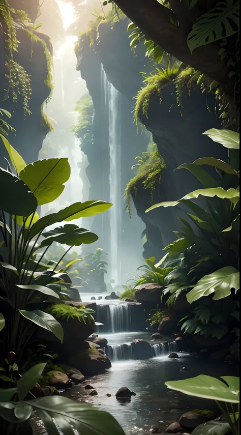 There is a waterfall in the middle of a jungle with lots of plants, paisagem da selva, Ambiente Art Nouveau Jungle, selva de fantasia, ambiente da selva, Selva bonita, the background is lush jungle, Meio Ambiente Arte, selva de fundo, 8k resolution digital...