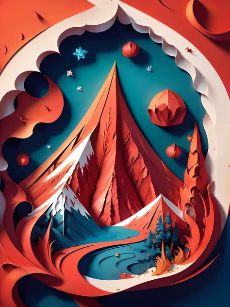 (((masterpiece))),best quality, illustration, red volcano , paper_cut, red color combinations