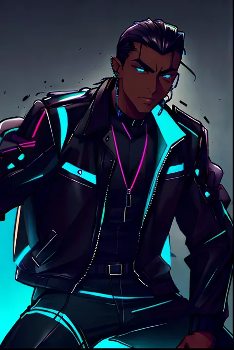 male, dark skinned, black hair slicked back, ear piercings, black clothing, black jacket with cyan neon, urban techwear, outfit,