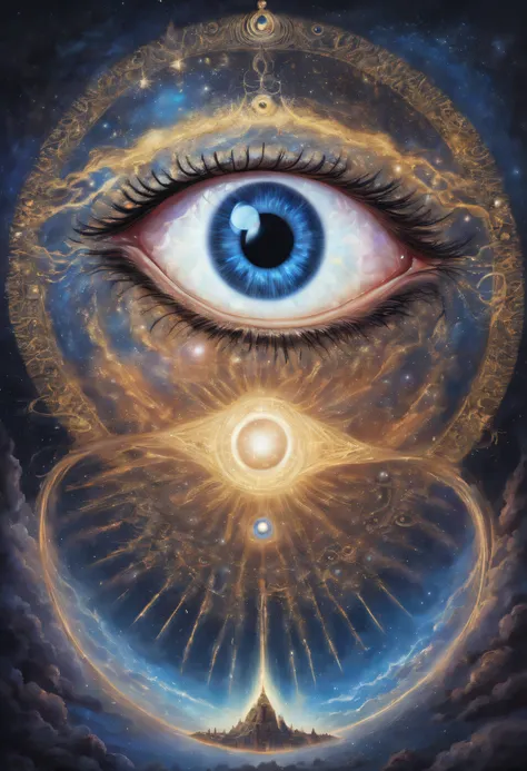 There is a picture of blue eyes，There is a spiral around it, Portrait of a mystical giant eye, the eye of the universe, The Eye of God, mystic eye, Eye of God Ra, Milky Way in the eyes, giant eye magic spell, Eye of the Gods, mystical third eye, Eye of the...