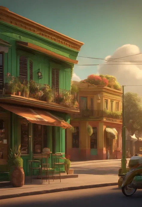 Desenho em estilo 3D da Pixar de uma sorveteria com o nome LasPaletas Brasil,  com cores verde, marrom e creme no centro da cidade.