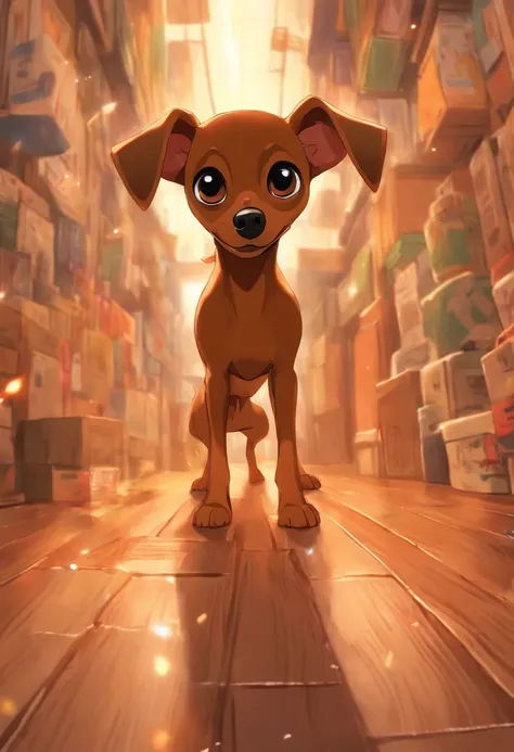 Theres a small dog standing on a wooden floor looking up, breed russian brown toy terrier, small dog, Dog cute, staring directly at camera, Looking towards the camera, looking defiantly at the camera, staring directly at camera, !! looking at the camera!!,...