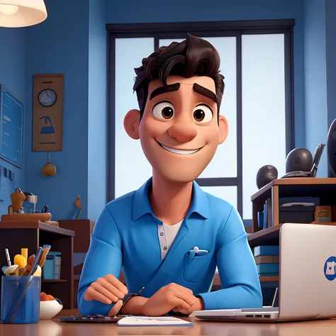 Homem, inspirado na Disney Pixar, Inspirado peloteiam cruise, A black-haired man in a sports physiotherapy office with a laptop on the table looking at the future smiling, homem meia idade, cabelos negros, um jaleco azul