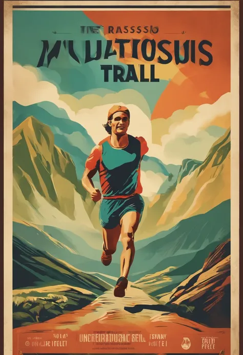 Retro style multicolored poster, cartaz estilo russo, 4k ultradefinição, maratonista trail runner de corpo inteiro, perfect hands