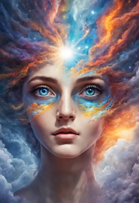 (Solo) Incredibly spectacular clouds，A huge eye，Portrait of a mystical giant eye, the eye of the universe, The Eye of God, mystic eye, eyelash，eyeballs，collofull eyes，Emergency scene in a cosmic cloud, Fractal Nebula Chain, cosmic, Celestial, cosmic, A vib...