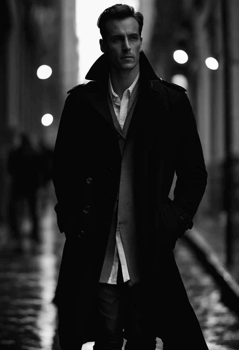 Dark style，A man in a black trench coat walks down the street