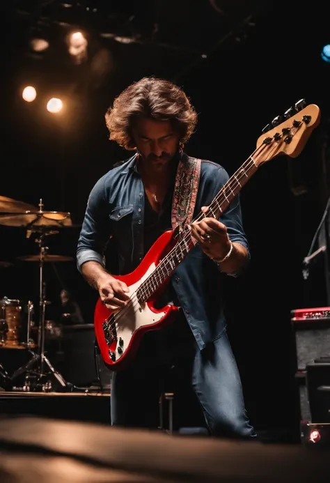 Um homem de 35 anos, moreno, cabelo curto social encaracolado, playing electric bass on a concert stage, vestindo jeans e camisa