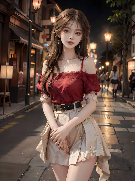 ((upper body)), streetview, Street photography, Asian female model, A young girl, posing elegantly, the night, lamplight, posing elegantly, Detailed scenes, Long messy hair, Brownish-yellow hair, light make-up, Blushlush, pretty legs, ((off shoulder clothe...