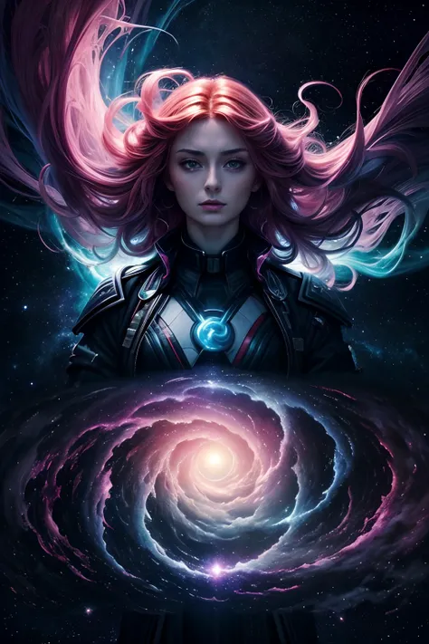 (Solo) Incredibly spectacular cloud character Sophie Turner（Sophie Turner）Emergency scene in a cosmic cloud, Fractal Nebula Chain, cosmic, Celestial, cosmic, A vibrant and vivid entity, whirly, Spinning, unreal, High contrast, Symbolism, magical, mistic, m...