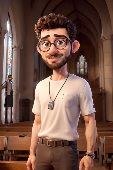 (highres, masterpiece:1.2), (realistic,photorealistic,photo-realistic:1.37), detailed eyes, detailed lips, curly short hair, slim man with glasses, short beard, wearing a white t-shirt, standing at the pulpit, holding a microphone, with church pews.