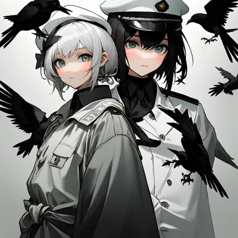 Girls in one knot in black and white
White military uniform and white military cap
Eyes white and black
Birds ears